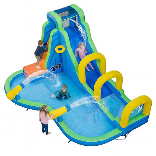 COSTWAY Springkasteel, opblaasbaar, waterspeelcentrum met glijbaan, opblaasbaar, kinderbadje, 478 x 366 x 242 cm (alleen springkasteel)