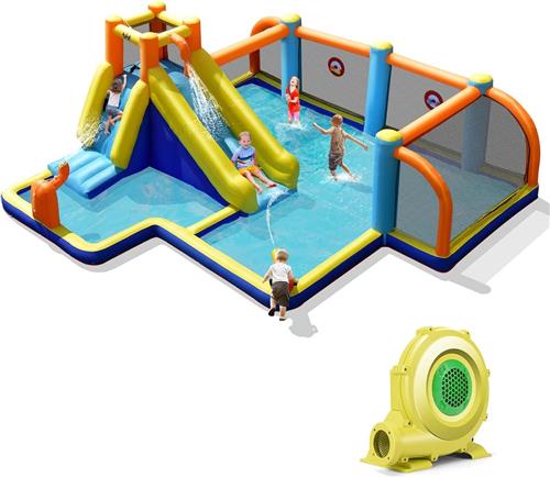 COSTWAY Opblaasbaar springkasteel met ventilator, waterglijbaan, kinderbadje, voetbalzone, klimwand, twee waterkanonnen en doelspel, speelzwembad 500 x 465 x 200 cm