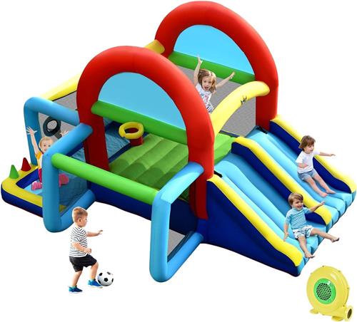 COSTWAY Springkasteel met ventilator, dubbele glijbanen, springbereik, klimwand, ballenbad, voetbaldoel, basketbalmand, doelspel en ringworp, outdoor springslot voor kinderen, 424 x 300 x 240 cm