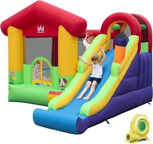 COSTWAY springkussen met ventilator, glijbaan, klimwand, springgedeelte, basketbalring en oceaanballen, springkussen voor kinderen, voor binnen en buiten, 325 x 290 x 205 cm