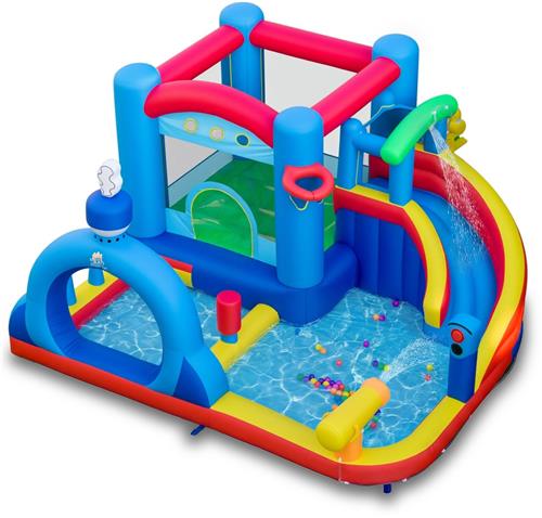 COSTWAY Opblaasbaar kasteel met waterglijbaan, springgedeelte, peuterbad, waterkanonnen, boksbal, ringwerpspel, schietspel, oceaanballen en basketbal, opblaasbaar waterkasteel voor kinderen, buitenwaterpark