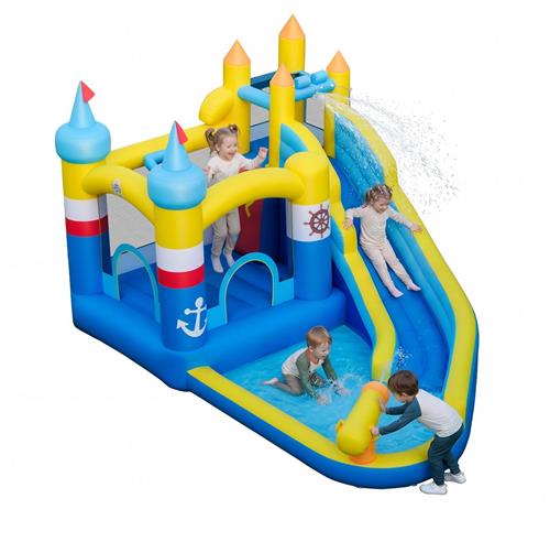 COSTWAY Springkasteel met waterglijbaan, springgebied, kinderbadje, waterkanon, klimwand, oceaanballen en basketbal, waterspringkasteel voor kinderen, waterpark voor buiten, 431 x 290 x 259 cm