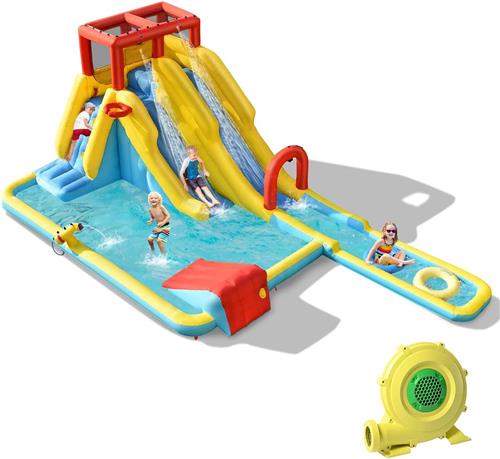 COSTWAY Springkasteel met 680 W ventilator, waterglijbaan, klimwand, basketbalmand, waterpark voor buiten, incl. opblaasbare basketbal, zwemringen, draagtas en reparatieset