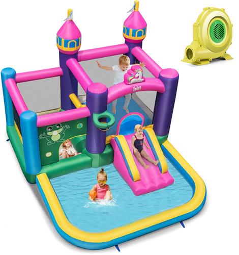COSTWAY Springkasteel met ventilator, springplaats, glijbaan en kinderbadje, kinderspringkasteel voor binnen en buiten, incl. draagtas, 327 x 392 x 270 cm
