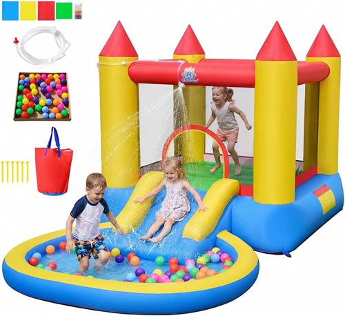 COSTWAY springkasteel met glijbaan, springgedeelte en kinderbadje, geschikt voor binnen en buiten, 362 x 196,5 x 193 cm