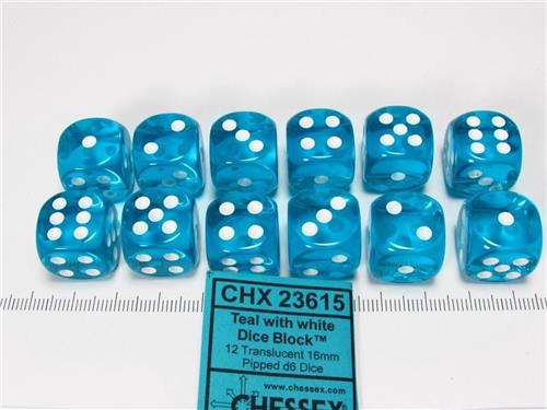 Chessex 12 x D6 Set Translucent 16mm - Teal/White