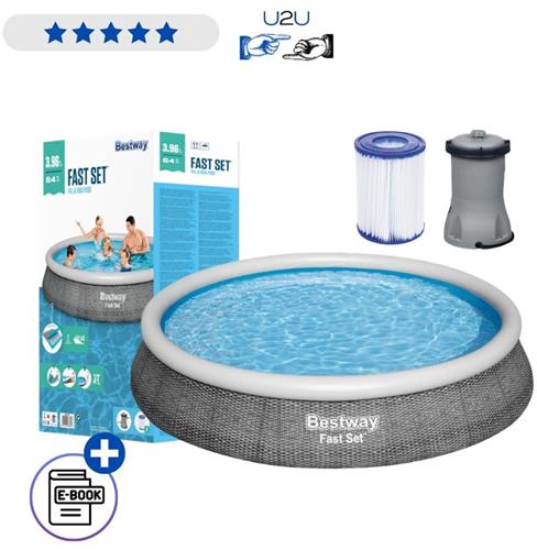 Bestway Opzetzwembad 396x84 cm Met Filterpomp - Rond Familie Zwembad 7340 Liter - Opblaasbare Rand Pool Voor Tuin Inclusief Filter En Reparatiepatch - Snel Opzetbaar Buitenzwembad Met Ebook