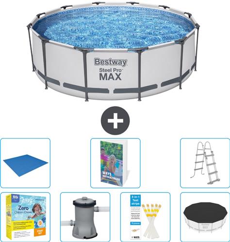 Bestway Rond Steel Pro MAX Zwembad - 366 x 100 cm - Grijs - Inclusief Pomp - Ladder Afdekzeil - Grondzeil - Onderhoudspakket - 8-delig