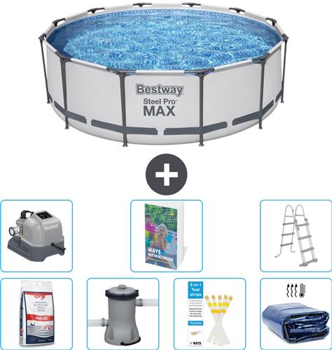 Bestway Rond Steel Pro MAX Zwembad - 366 x 100 cm - Grijs - Inclusief Pomp - Ladder Solarzeil - Zoutwatersysteem - Zwembadzout - 8-delig