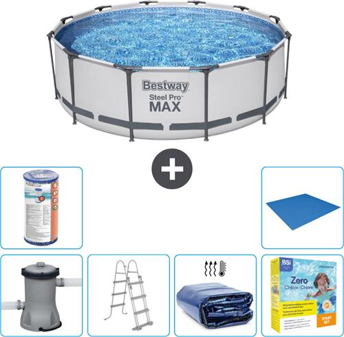 Bestway Rond Steel Pro MAX Zwembad - 366 x 100 cm - Grijs - Inclusief Pomp - Ladder Solarzeil - Onderhoudspakket - Filter - Grondzeil
