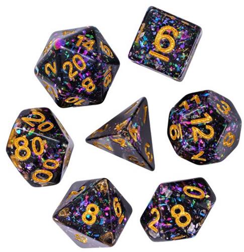 HOT Games dobbelstenen set Nebula glitter 7-delig paars transparant.