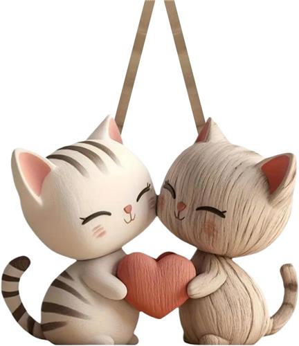 KZQ Houten Kattenbeeldjes Paar 10 Cm Schattige Dierenfiguur Voor Valentijnsdag Tafeldecoratie