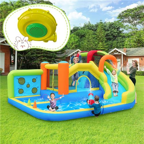 Opblaasbaar kasteel met blower - kinderspeelplaats met water - trampolinepark - glijbaan - werptargetmuur - basketbalring - klimwand