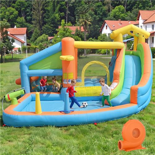 Opblaasbaar springkasteel voor kinderen - opblaasbaar waterpark - met ventilator - glijbaan - basketbalrek - speelkeuken