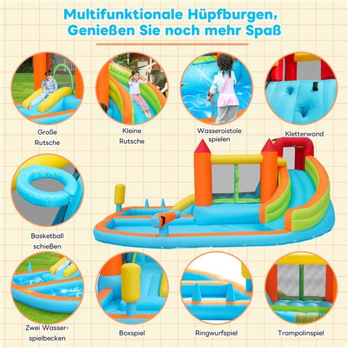 Opblaasbaar kasteel voor kinderen buitenshuis - met ventilator - glijbaan - trampoline - basketbalring - waterpistool - zwembad - glijbaan