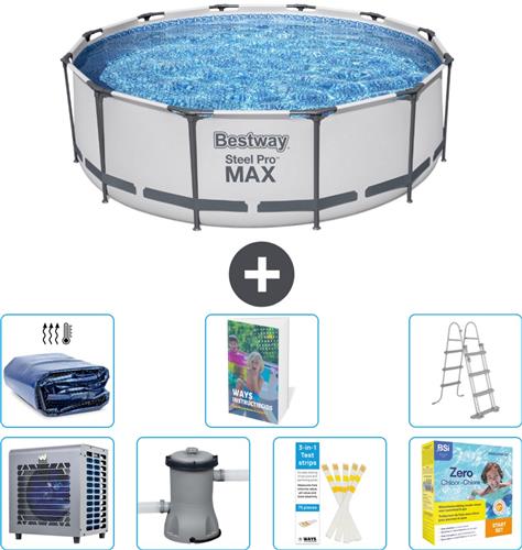 Bestway Rond Steel Pro MAX Zwembad - 366 x 100 cm - Grijs - Inclusief Pomp - Ladder Onderhoudspakket - Solarzeil - Warmtepomp - 8-delig