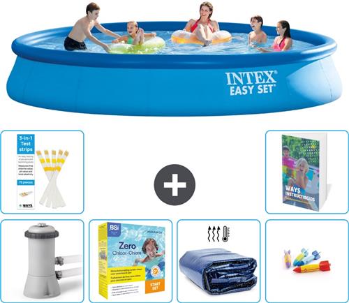 Intex Rond Opblaasbaar Easy Set Zwembad - 457 x 84 cm - Blauw - Inclusief Pomp Onderhoudspakket - Solarzeil - Speelgoed - 7-delig