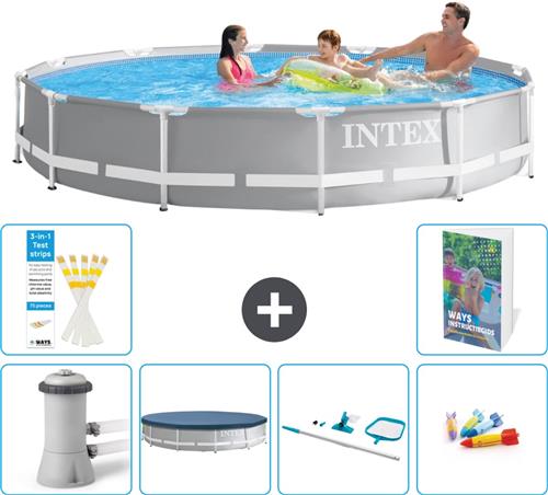 Intex Rond Prism Frame Zwembad - 366 x 76 cm - Grijs - Inclusief Pomp Afdekzeil - Schoonmaakset - Speelgoed - 7-delig