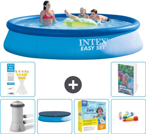 Intex Rond Opblaasbaar Easy Set Zwembad - 396 x 84 cm - Blauw - Inclusief Pomp Afdekzeil - Onderhoudspakket - Speelgoed - 7-delig