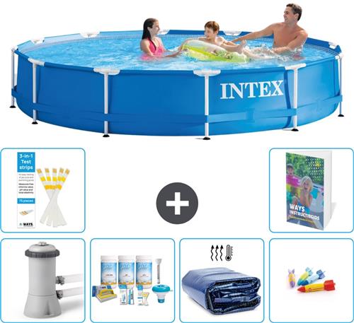 Intex Rond Frame Zwembad - 366 x 76 cm - Blauw - Inclusief Pomp Onderhoudspakket - Solarzeil - Speelgoed - 7-delig