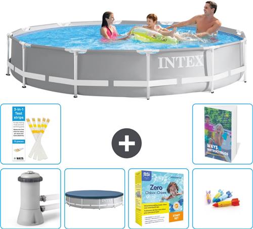 Intex Rond Prism Frame Zwembad - 366 x 76 cm - Grijs - Inclusief Pomp Afdekzeil - Onderhoudspakket - Speelgoed - 7-delig
