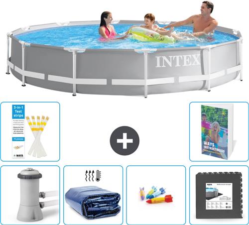 Intex Rond Prism Frame Zwembad - 366 x 76 cm - Grijs - Inclusief Pomp Solarzeil - Speelgoed - Vloertegels - 7-delig