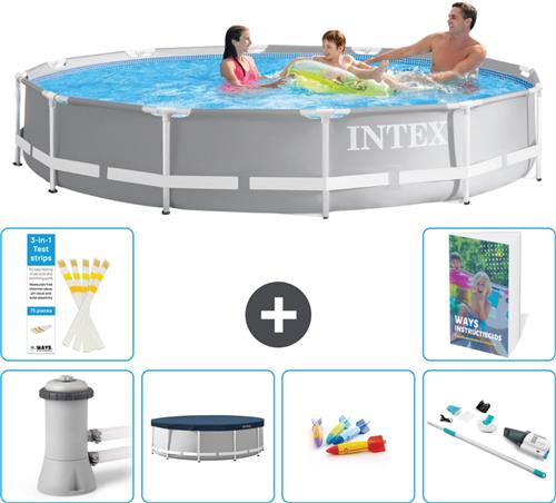 Intex Rond Prism Frame Zwembad - 366 x 76 cm - Grijs - Inclusief Pomp Afdekzeil - Speelgoed - Stofzuiger - 7-delig
