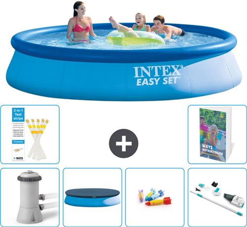 Intex Rond Opblaasbaar Easy Set Zwembad - 396 x 84 cm - Blauw - Inclusief Pomp Afdekzeil - Speelgoed - Stofzuiger - 7-delig