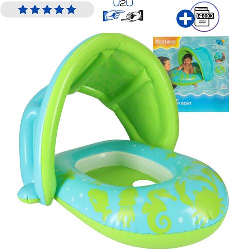 Opblaasbare babyboot groen blauw met zitje en beenopeningen - Zwemband - Zwemring baby met zonnescherm, baby float, zwembad bootje, draagkracht 18 kg, 80 x 85 cm, Speelgoed 1 jaar, Speelgoed 2 jaar, Speelgoed 3 jaar, zomer babyzwemring - Met Ebook