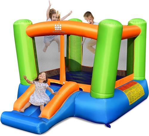COSTWAY Springkasteel voor 2 tot 3 kinderen, klein springkasteel met groot springgebied en glijbaan, incl. draagtas, reparatieset, haringen, 250 x 197 x 143 cm