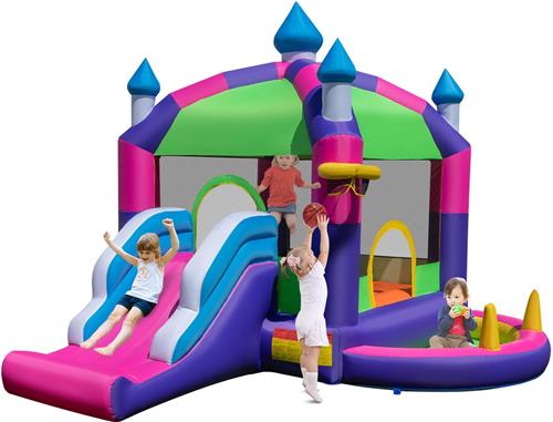 COSTWAY Springkasteel met zonnedak, glijbaan, springgebied, basketbalmand, oceaanballen & ringwerpspel, Bouncy Castle voor kinderen, 385 x 332,5 x 300 cm