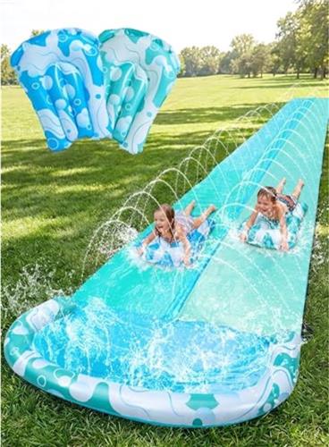 Thuys - Extra lange dubbele waterglijbaan met sproeier en opblaasbare planken voor tuinplezier