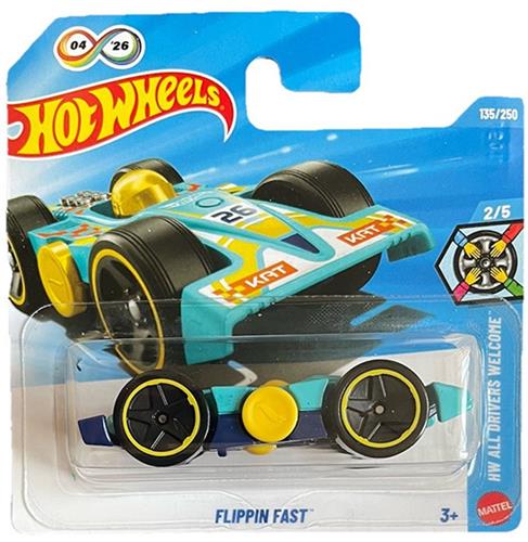 HOT WHEELS FLIPPIN FAST YELLOW TURQUOISE 135/250 HW ALL DRIVERS WELCOME 1:64 SHORT CARD 2026