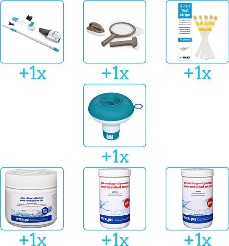 Zwembad Onderhoudspakket - Onderhoud Zwembad - bevat Stofzuiger - Scrubpad - Schepnet - Borstel - Testrips - Chloordrijver - Chloor - PH-min en PH-plus (7-delig)
