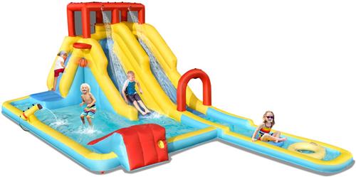 COSTWAY Opblaasbaar springkasteel met lange dubbele glijbanen, klimwand en waterkanon, speelzwembad, waterspeelcentrum, glijbaan, waterpark, kinderbadje, 622 x 335 x 225 cm (alleen springkasteel)