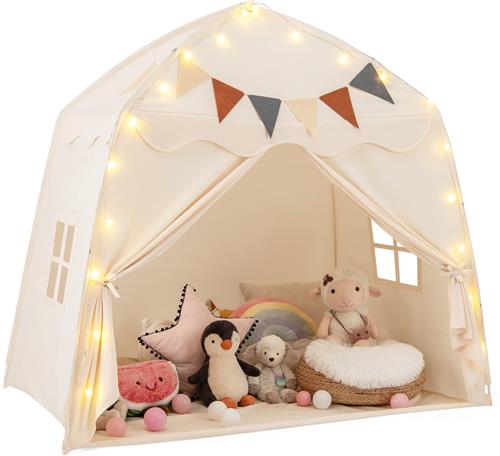 COSTWAY Speelhuisje voor kinderen, kindertent met vlaggen en lichtkettingen, prinsessenspeeltent, grote tent voor kinderkamer voor jongens en meisjes vanaf 3 jaar, 157 x 98 x 148 cm (beige)
