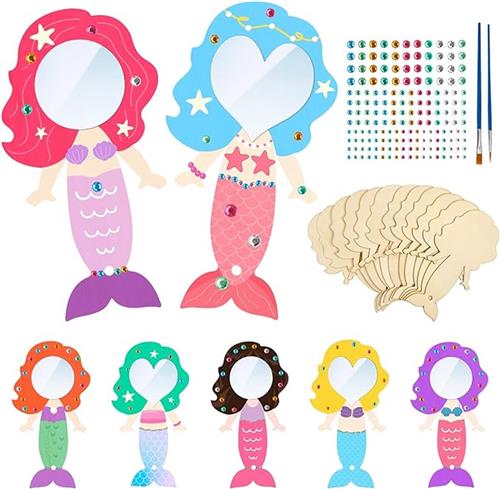 12 Delige Houten Spiegels Knutselpakket Voor Kinderen - Maak Je Eigen Zeemeermin Spiegel - DIY Om Te Schilderen - Hobby En Knutselset Voor Meisjes - Handspiegel Voor Kunstprojecten En Verjaardagscadeau