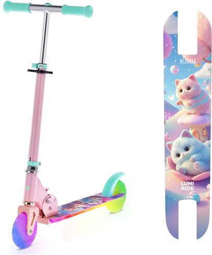 LUMI RIDE Kinderstep 2 wielen, Scooter voor kinderen vanaf 5 jaar, LED - 7 kleuren, 20 programmas - 3 niveaus stuurverstelling, voetrem, afneembare handvatten (Lichtroze met poesjes)