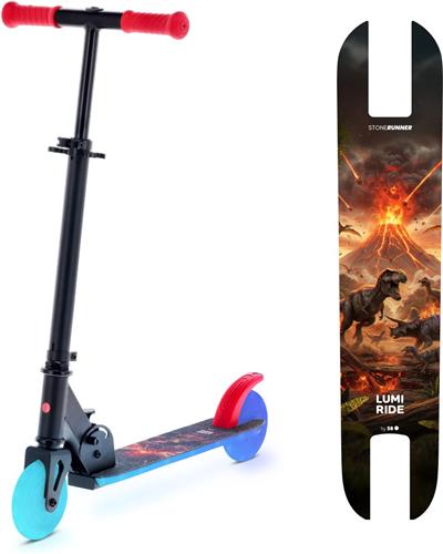 LUMI RIDE Kinderstep 2 wielen, Scooter voor kinderen vanaf 5 jaar, LED - 7 kleuren, 20 programmas - 3 niveaus stuurverstelling, voetrem, afneembare handvatten (Zwart met dinosaurussen)