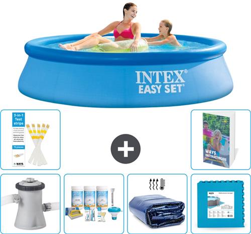 Intex Rond Opblaasbaar Easy Set Zwembad - 244 x 61 cm - Blauw - Inclusief Pomp Onderhoudspakket - Solarzeil - Vloertegels - 7-delig