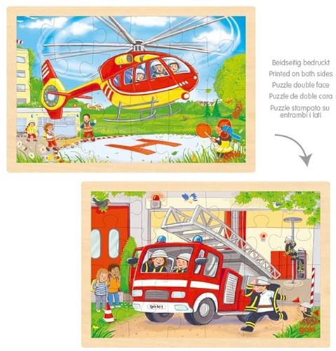 Goki houten puzzel speelgoed helicopter en brandweerauto.