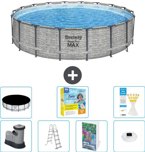 Bestway Rond Steel Pro MAX Zwembad - Steenprint - 549 x 122 - Inclusief Pomp - Ladder - Afdekzeil - Onderhoudspakket - Verlichting - 8-delig