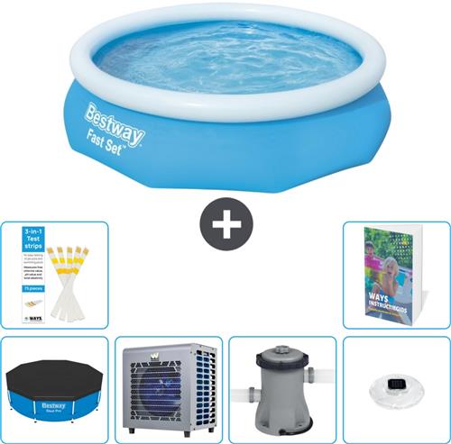 Bestway Rond Opblaasbaar Fast Set Zwembad - 305 x 76 cm - Blauw - Inclusief Afdekzeil - Warmtepomp - Zwembadfilterpomp - Verlichting - 7-delig