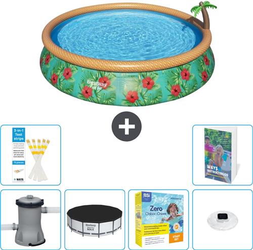 Bestway Rond Opblaasbaar Fast Set Zwembad - Paradijsprint - 457 x 84 cm - Inclusief Pomp Afdekzeil - Onderhoudspakket - Verlichting - 7-delig