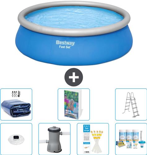 Bestway Rond Opblaasbaar Fast Set Zwembad - 457 x 122 cm - Blauw - Inclusief Pomp - Ladder Onderhoudspakket - Solarzeil - Verlichting - 8-delig