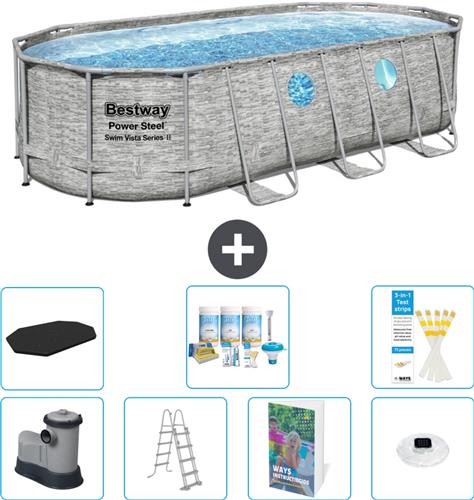 Bestway Ovaal Power Steel Swim Vista Zwembad - Steenprint - 549 x 274 x 122 - Inclusief Pomp - Ladder - Afdekzeil - Onderhoudspakket - Verlichting - 8-delig
