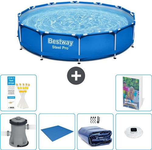 Bestway Rond Steel Pro Zwembad - 305 x 76 cm - Blauw - Inclusief Pomp Grondzeil - Solarzeil - Verlichting - 7-delig