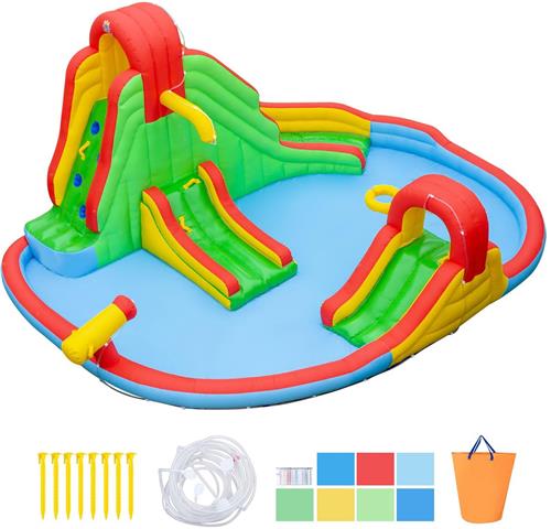 COSTWAY springkussen met waterglijbaan, klimwand, peuterbad, waterkanon en basketbalring, waterspringkussen voor kinderen, waterpark voor buiten, 511 x 400 x 240 cm