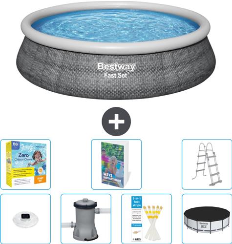 Bestway Rond Opblaasbaar Fast Set Zwembad - Rotanprint - 457 x 107 cm - Inclusief Pomp - Ladder Afdekzeil - Onderhoudspakket - Verlichting - 8-delig
