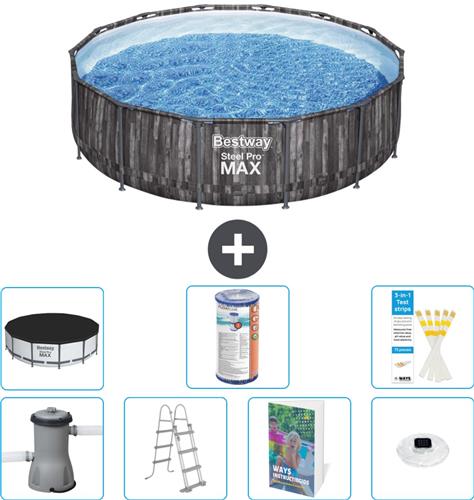Bestway Rond Steel Pro MAX Zwembad - Houtprint - 427 x 107 cm - Inclusief Pomp - Ladder - Afdekzeil - Filter - Verlichting - 8-delig